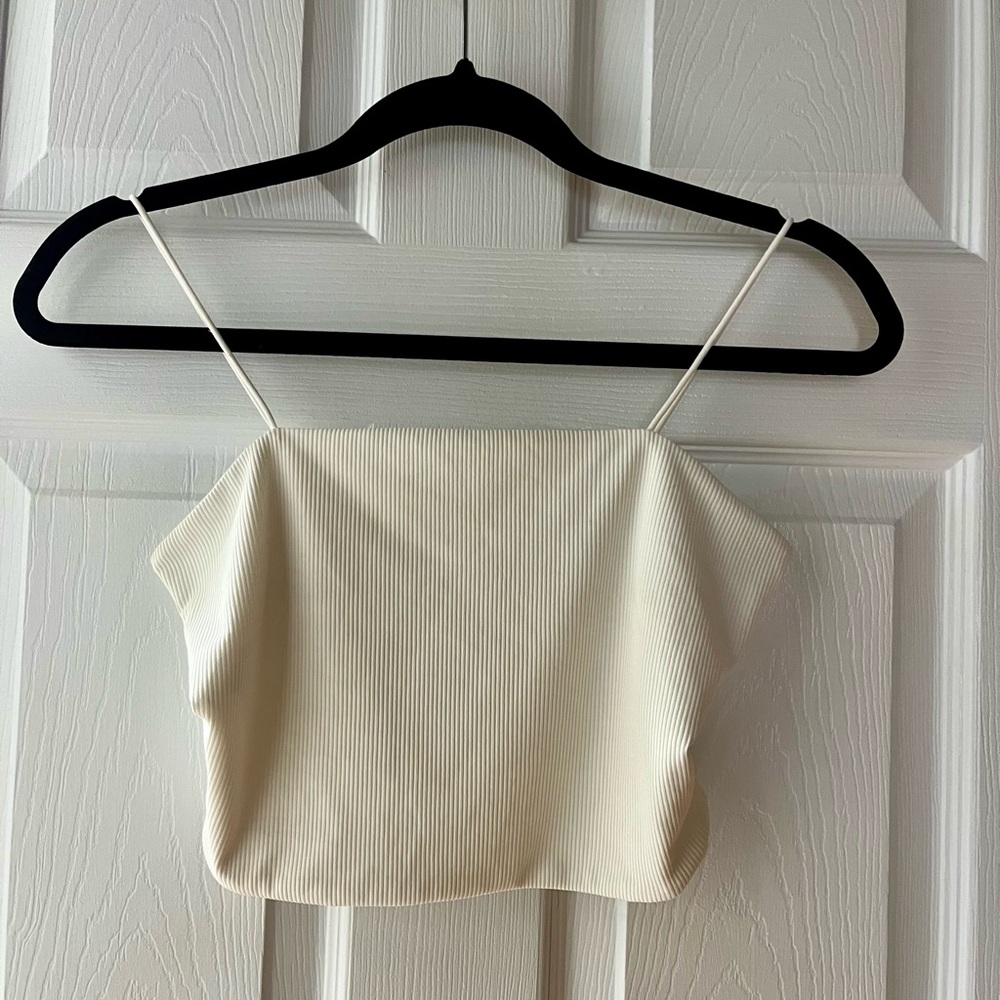 Cream Ribbed Spaghetti Strap Crop Top